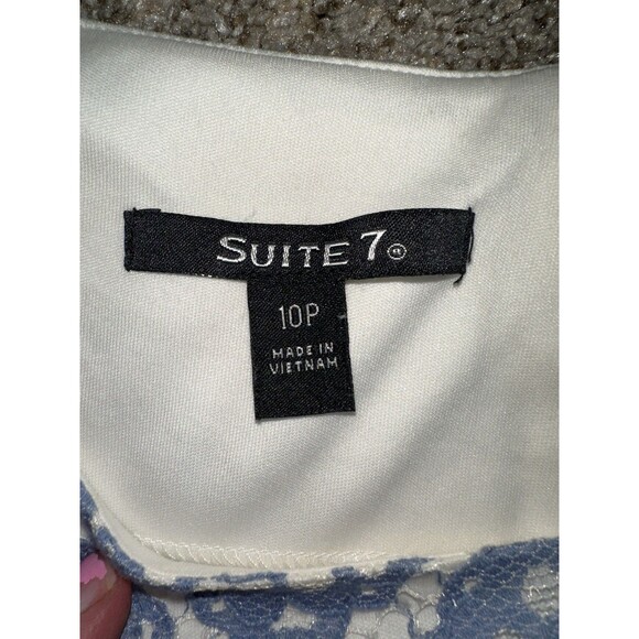 Suiti Lace Shift Dress Blue White Scallop Floral Overlay Short Sleeve Sz 10P - Picture 11 of 12